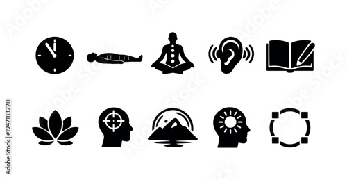 Mindfulness, meditation silhouette icon set. Relaxation, mental health symbols collection