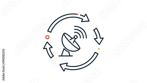 Modern satellite dish icon surrounded by circular motion arrows representing continuous signal transmission and global communication.