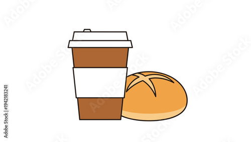 Simple breakfast illustration featuring a brown disposable coffee cup with a lid and a fresh golden bread roll on white.
