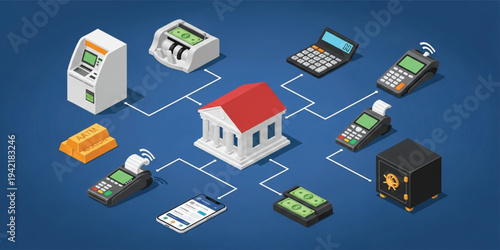 Isometric Banking and Financial Technology System with ATM, POS Terminal, Mobile Payments, Cash Machine, and Secure Digital Transaction Network Illustration