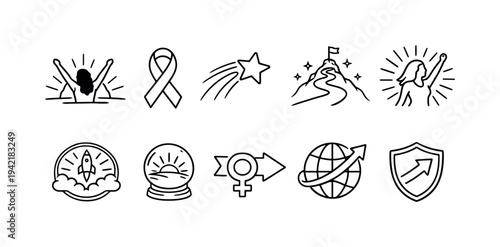 Empowerment and achievement line icon set: symbols of success, growth, and hope
