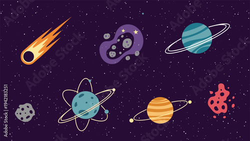 Colorful collection of celestial bodies including planets with rings comets and nebulae scattered across a dark starry space.