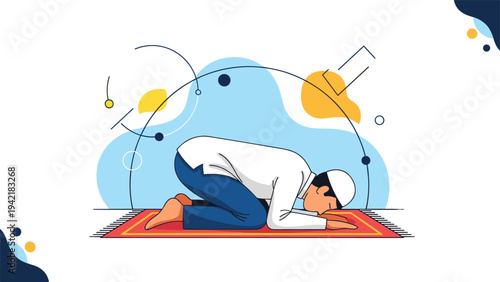 Illustration of a Muslim man performing prostration prayer on a red rug against a decorative blue and yellow background.