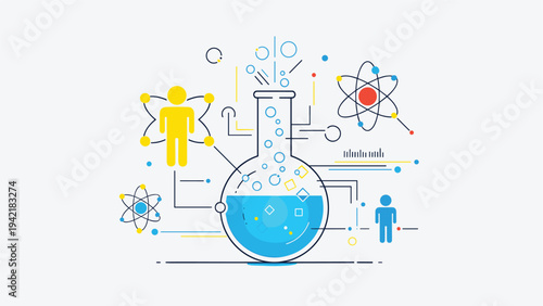Science and research illustration featuring a large laboratory flask surrounded by atomic structures and human figure icons.