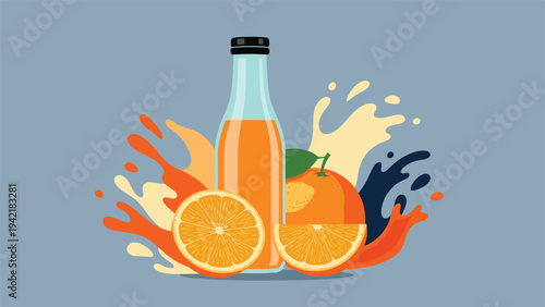 Refreshing orange juice bottle surrounded by vibrant fruit splashes and fresh orange slices on a cool grey background.