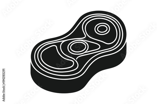 Black and white abstract shape with swirling lines and circular patterns on a plain background, creating a unique graphic design element for artistic or creative projects.