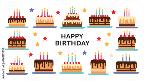 Large collection of diverse birthday cakes with chocolate frosting and lit candles decorated with stars on a white background.