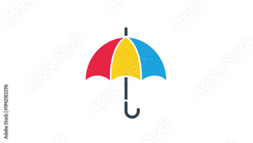 Colorful umbrella icon with red yellow and blue panels isolated on a plain white background for weather and protection concepts.