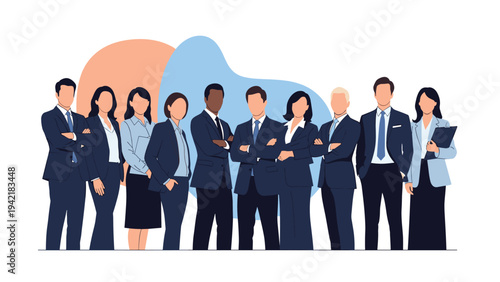Diverse group of professional business people standing together in formal suits against a background with abstract shapes.