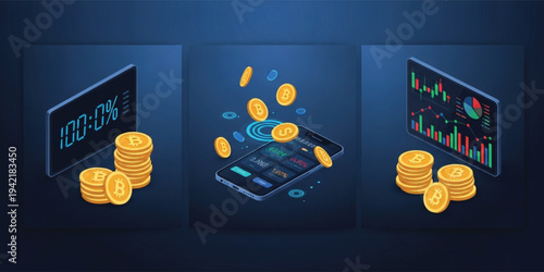 Isometric Cryptocurrency Investment and Bitcoin Trading Illustration Set with Digital Finance Dashboard, Mobile App Interface, Market Charts, and Golden Coin Stacks