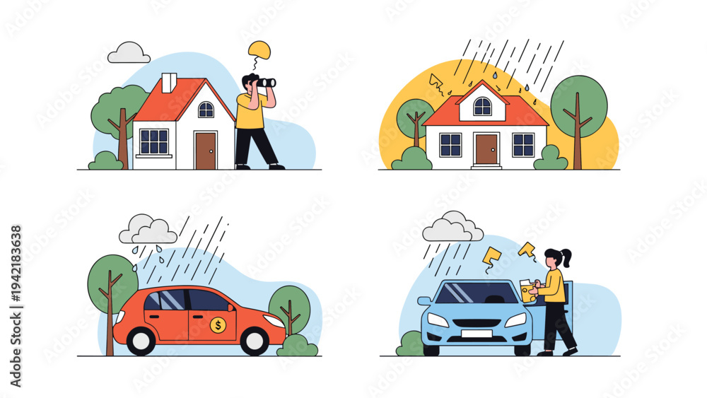 Naklejka premium Set of illustrations showing home and car insurance scenarios with weather damage and theft protection concepts.