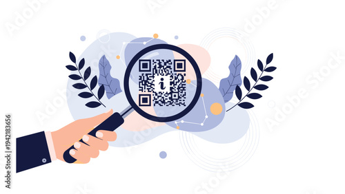 Hand holding a magnifying glass over a qr code with an information icon inside for digital data and scanning concepts.