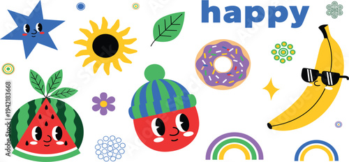 Colorful and Fun Vector Icons Featuring Happy Fruits, Sun, Donut, Rainbow, and Playful Elements in Bright Colors