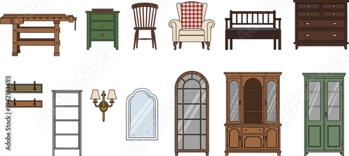 Set of Vintage Wooden Furniture Vector Icons Featuring Cabinets Armchairs Workbench Shelves and Mirrors for Interior Design Home Decor and Room Planning Projects