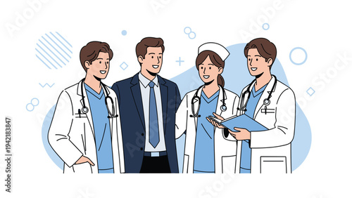 Group of medical professionals including doctors and nurses in lab coats and scrubs with a businessman in a suit.