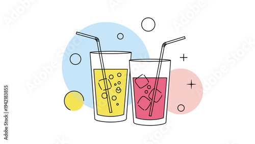 Two glasses of refreshing cold drinks with ice cubes and straws against a background of colorful geometric shapes.