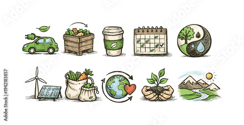 Sustainable living, eco-friendly outline icon set. Green energy, environment symbols