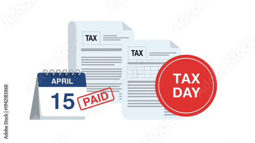 Tax day concept with a calendar marked for april fifteenth paid stamp and official tax forms on a white background.