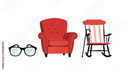 Set of objects for elderly people including glasses a comfortable armchair and a classic rocking chair with a walking cane.