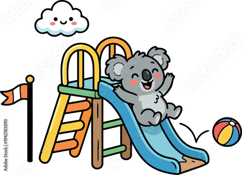 Cute smiling koala sliding down blue playground slide with colorful ball and happy cloud in fun outdoor scene
