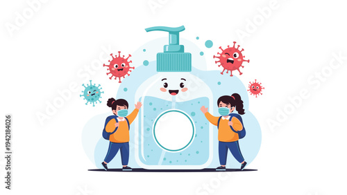 Two young students wearing masks stand next to large bottle of hand sanitizer surrounded by various virus particles in illustration.