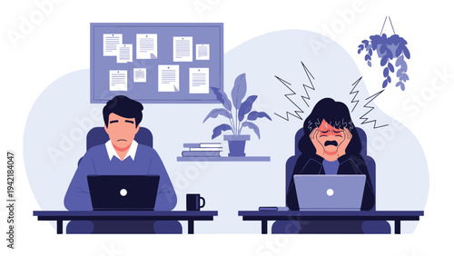 Two office workers appear overwhelmed and stressed while working at their laptops in room filled with paperwork and indoor plants.