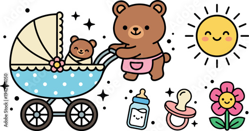 Cute cartoon bear pushing baby bear in blue polka dot stroller with smiling sun flower pacifier and bottle vector art