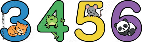 Cute animal themed colorful numbers three four five six with kitten frog mouse and panda sleeping peacefully