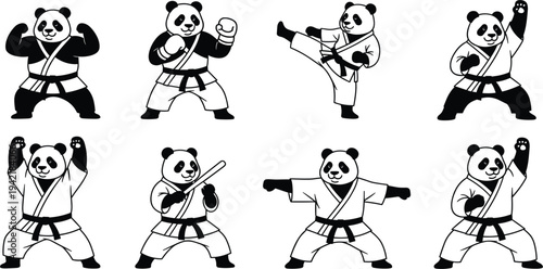 Karate Panda Cartoon Character Set with Martial Arts Poses for Kids Sports Design, Dojo Logos, Stickers, T Shirt Prints, and Cute Vector Illustration