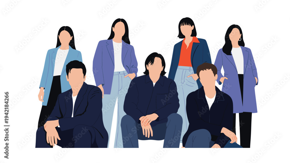 Obraz premium Diverse group of fashionably dressed people in shades of blue and black stand and sit together in modern flat style illustration.
