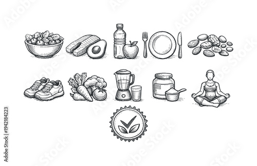 Healthy living outline icon set. Nutrition, yoga, fitness, and wellness line symbols.
