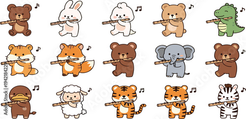 Kawaii Cute Animal Character Set Playing Flute Musical Instrument Including Bear Rabbit Tiger Elephant and Zebra for Kids Education Stickers and Nursery Decor