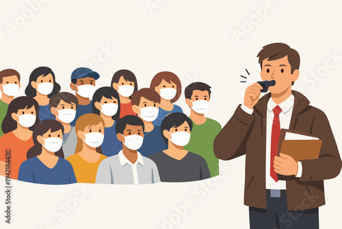 Vector Illustration of a Diverse Crowd of People Wearing Protective Face Masks and a Whistleblower Man Blowing a Whistle and Holding a Folder, Representing Public Health Safety and Warning Alerts