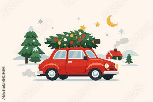 Merry Christmas Postcard with Retro Red Car Carrying a Decorated Christmas Tree on Roof in a Snowy Winter Landscape with Pine Trees, Small House, Moon, and Stars, Flat Vector Illustration
