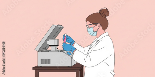 Laboratory Scientist Analyzing Blood Sample Using Medical Testing Equipment, Clinical Research and Diagnostic Laboratory Healthcare Technology Concept Illustration