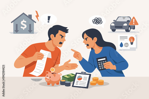 Angry Couple Arguing Over Family Budget and Financial Problems with Bills, Piggy Bank, and Calculator. Vector Illustration of Man and Woman Stressed About Debt, Mortgage, and High Living Expenses.