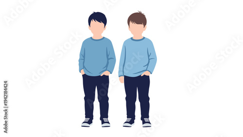 Two young boys wearing matching blue sweaters and dark pants stand side by side with hands in pockets on white background.