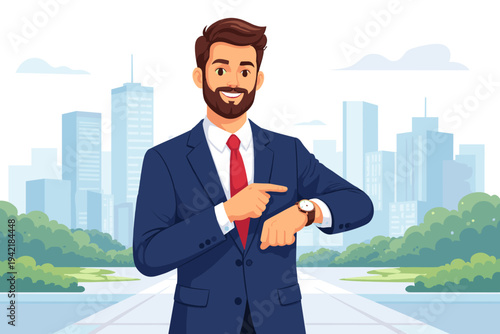 Professional bearded businessman in a navy suit and red tie pointing at his wristwatch, showing time management and punctuality concept. Modern city skyline and park landscape background.