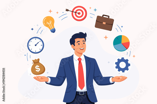 Professional businessman in a suit juggling various business icons like money bag, clock, lightbulb, target, briefcase, pie chart, and gear, representing multitasking and management skills vector