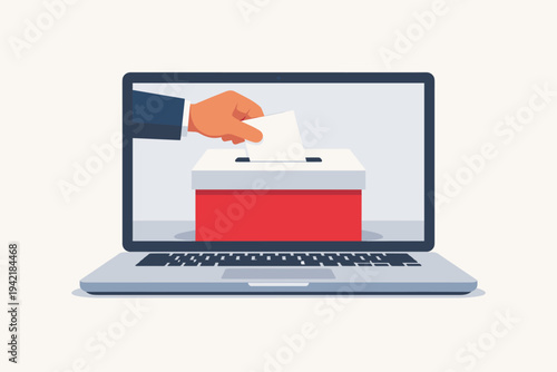 Online Voting and Digital Democracy Concept Illustration with a Hand Putting a Paper Ballot into a Red Box on a Laptop Screen, Representing Electronic Elections, Internet Polling, and Choice.