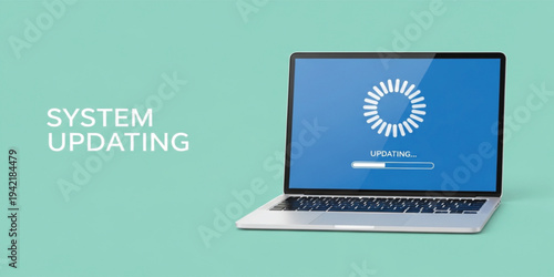 Laptop Showing System Updating Screen with Progress Bar and Loading Icon, Software Update Installation and Computer Maintenance Technology Concept Illustration