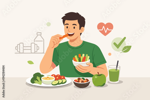 Young man eating healthy carrot sticks, surrounded by nutritious food like broccoli, tomatoes, nuts, green apple, and smoothie. Flat vector illustration of balanced diet, fitness, and wellness.