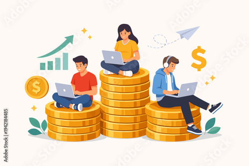 Vector illustration of diverse people working on laptops while sitting on stacks of gold coins, symbolizing online earning, financial growth, passive income, remote work, and wealth creation.