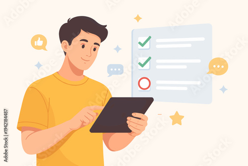 Flat vector illustration of a man holding a tablet participating in an online survey, filling out a digital checklist with green checkmarks and feedback icons, customer satisfaction and research.