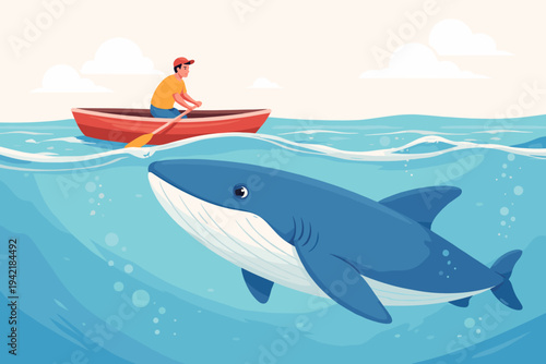 Vector Illustration of a Man in a Small Red Rowboat Floating on the Ocean Surface Above a Large Blue Whale Swimming Underwater, Minimalist Flat Design Concept for Adventure and Marine Life Travel