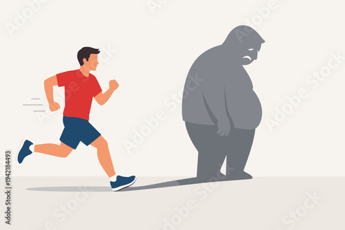Flat vector illustration of a fit man running away from his large sad shadow on a wall, symbolizing weight loss journey, fitness transformation, healthy lifestyle, and overcoming obesity concept.