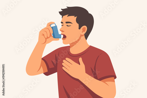 Vector illustration of a young man using a blue inhaler to relieve an asthma attack, holding his chest in distress, flat design medical concept for respiratory health, allergy, and lung care.