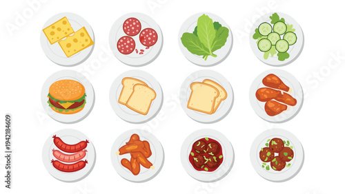 Assortment of various food dishes served on white plates including burgers, sausages, meatballs, and fresh vegetables salad.