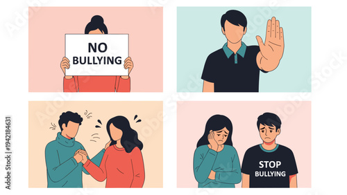 Set of social awareness illustrations advocating against bullying showing people being supported and standing up for others.