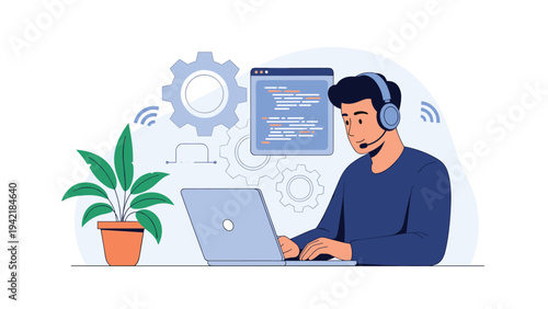 IT professional or programmer working on a laptop while wearing headphones in a modern office environment for software development.